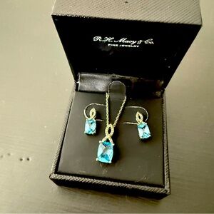 NWT Macy’s Sterling Silver Blue Topaz Pendant Necklace and Earring Set